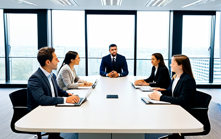 A diverse group of professionals, including men and women, engaged in a collaborative discussion around a modern conference table. All subjects are fully clothed in professional, modest business attire, including tailored suits and smart blouses. The setting is a bright, contemporary meeting room with large windows, fostering an open and communicative atmosphere. Subtle visual cues of active listening are present, such as focused gazes, open body language, and one person gesturing gently while another nods in understanding. This image should convey connection and genuine dialogue. safe for work, appropriate content, fully clothed, professional dress, family-friendly, perfect anatomy, correct proportions, natural pose, well-formed hands, proper finger count, natural body proportions, professional photography, high resolution, soft studio lighting, crisp details.