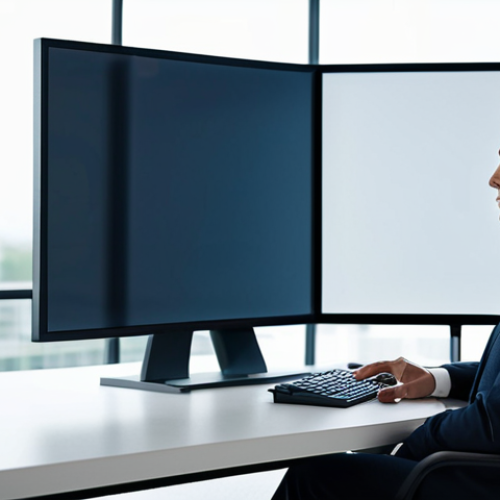 Home 21 A thoughtful professional person, fully clothed in a modest, dark business suit with a light-colored shirt, seated in a natural pose at a sleek, minimalist desk in a modern, well-lit office. Abstract geometric patterns softly visible on a transparent screen in the background subtly hint at data or complex thinking processes. Perfect anatomy, correct proportions, well-formed hands, proper finger count, natural body proportions, high-quality, professional studio photography, sharp focus, vibrant colors, cinematic lighting, safe for work, appropriate content, fully clothed, professional dress.