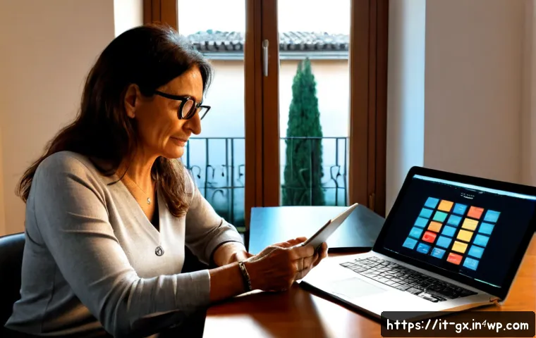 인지 편향 인식 훈련의 온라인 플랫폼 비교 - Photorealistic Italian woman in her early 50s comparing two online cognitive bias awareness training...